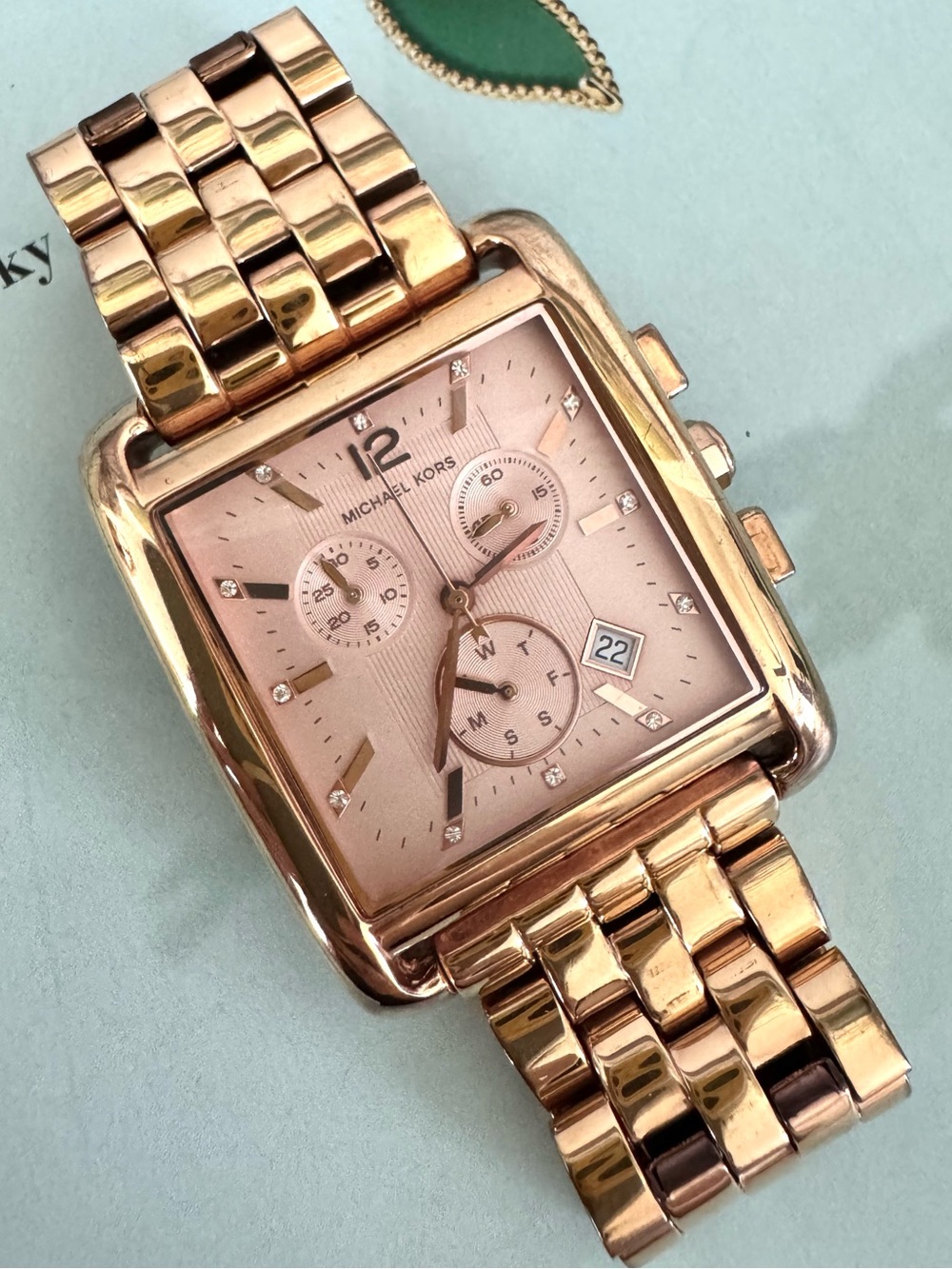 Michael Kors Women’s Rose Gold-Tone Rectangular Chronograph Watch